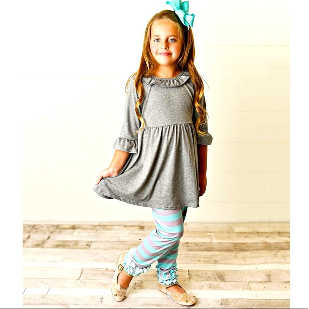 Grey Ruffle Neck Tunic & Teal Stripe Leggings